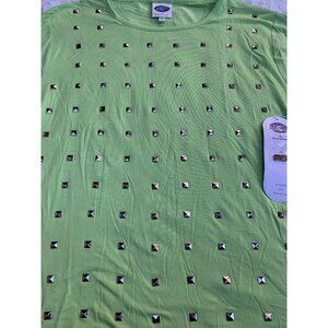 New DG2 Diane Gilman Womens XS Round Neck Studded Loose Shirt Yellow Green